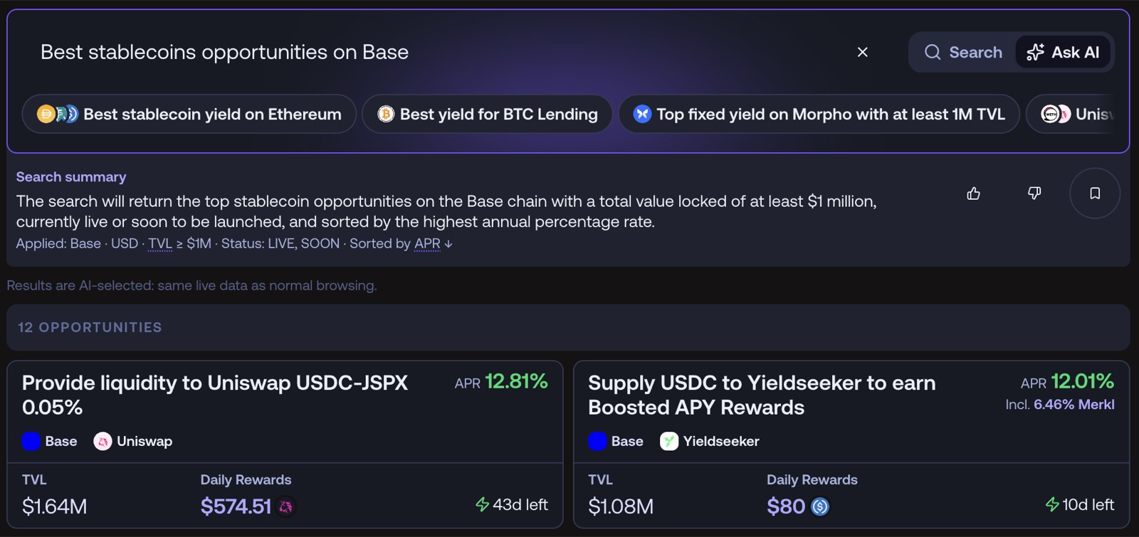 AI search reading "Best stablecoins opportunities on Base", with the summary of the filters it applied above the matching opportunities