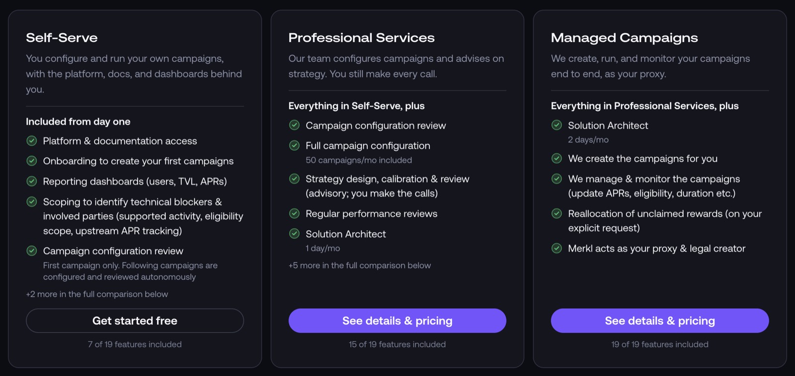 The three Merkl Services tiers side by side: Self-Serve, Professional Services and Managed Campaigns, each listing what it includes